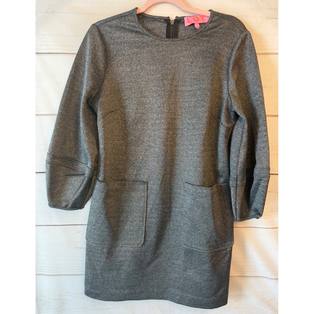 LDT Womens Grey Heathered 3/4 Lantern Sleeve Shift Dress with Pockets Size 8